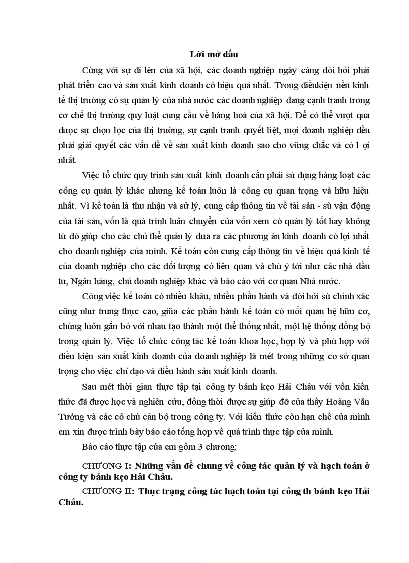 Thực trạng và một số ý kiến nhằm thực hiện công tác kế toán tại công ty bánh kẹo Hải Châu