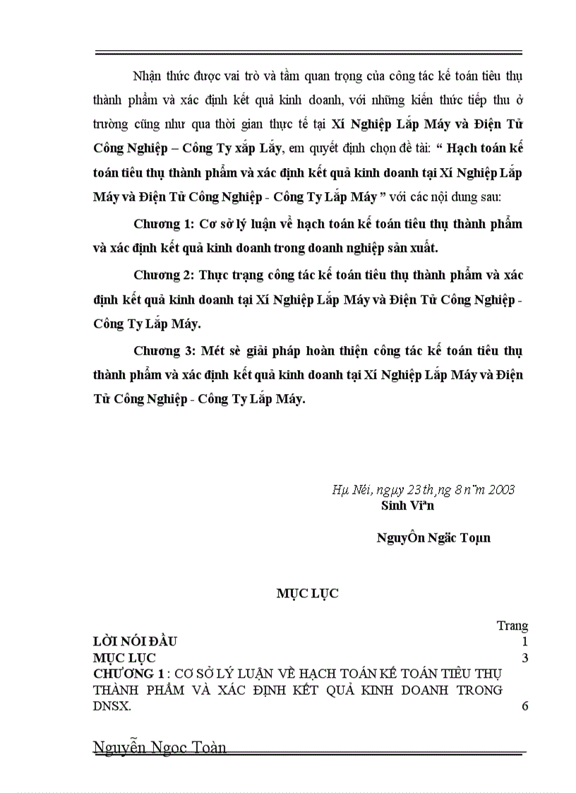 Hạch toán kế toán tiêu thụ thành phẩm và xác định kết quả kinh doanh tại Xí Nghiệp Lắp Máy và Điện Tử Công Nghiệp Công Ty Lắp Máy