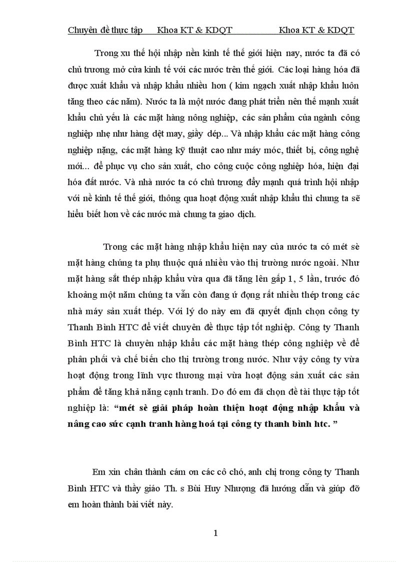 Một số giải pháp hoàn thiện hoạt động nhập khẩu và nâng cao sức cạnh tranh hàng hoá tại công ty Thanh Bình HTC 1