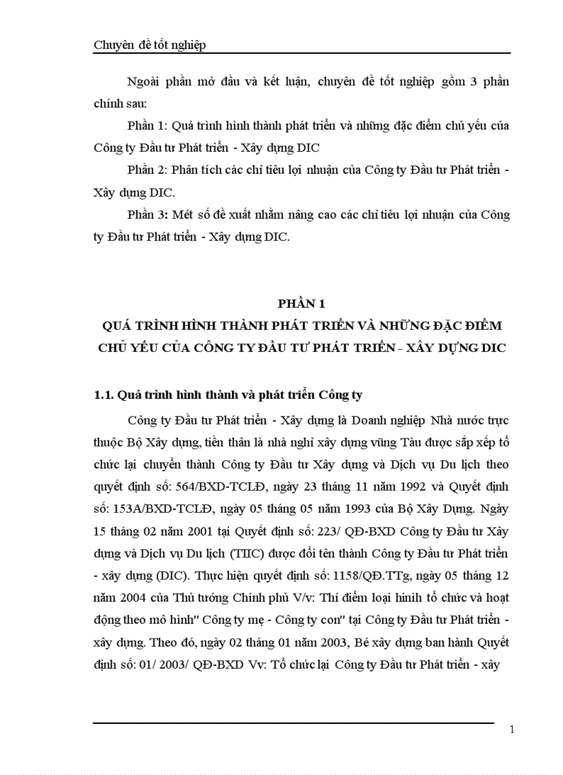 Phân tích các chỉ tiêu lợi nhuận của Công ty đầu tư phát triển xây dựng DIC 1