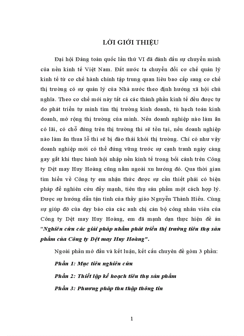 Nghiên cứu các giải pháp nhằm phát triển thị trường tiêu thụ sản phẩm của Công ty Dệt may Huy Hoàng