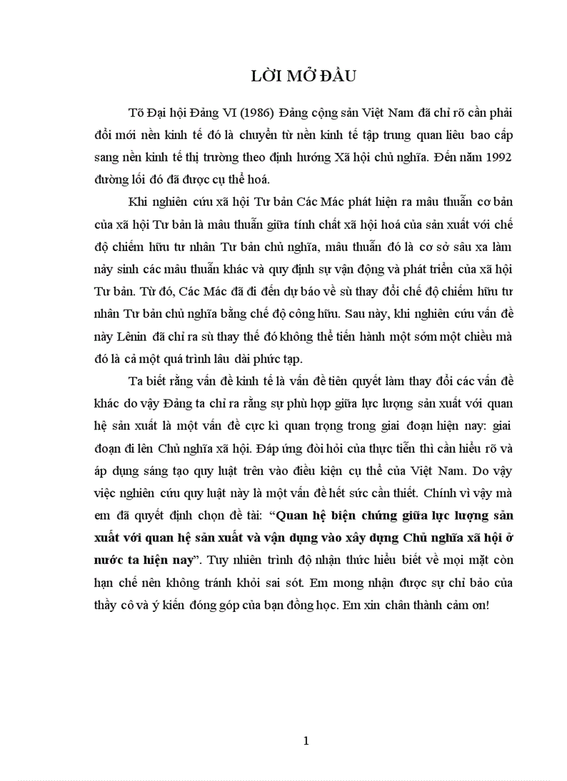 Quan hệ biện chứng giữa lực lượng sản xuất với quan hệ sản xuất và vận dụng vào xây dựng Chủ nghĩa xã hội ở nước ta hiện nay 1