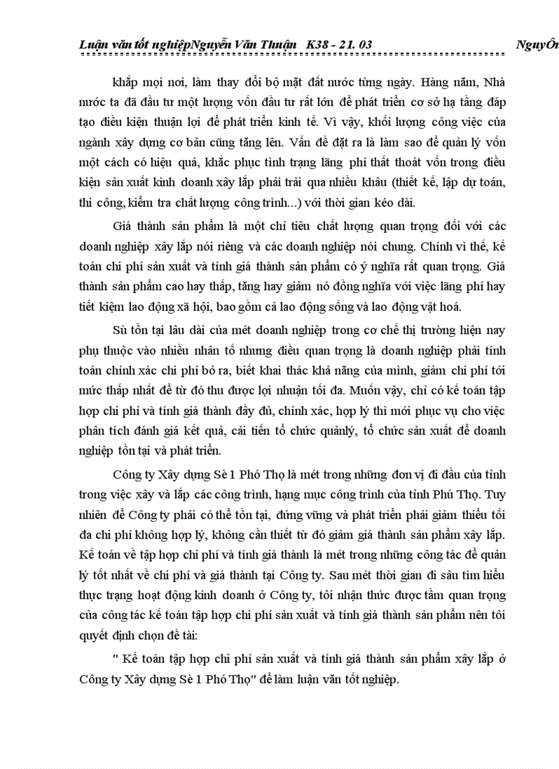 image for page Kế toán tập hợp chi phí sản xuất và tính giá thành sản phẩm xây lắp ở Công ty Xây Dựng Số 1 Phú Thọ