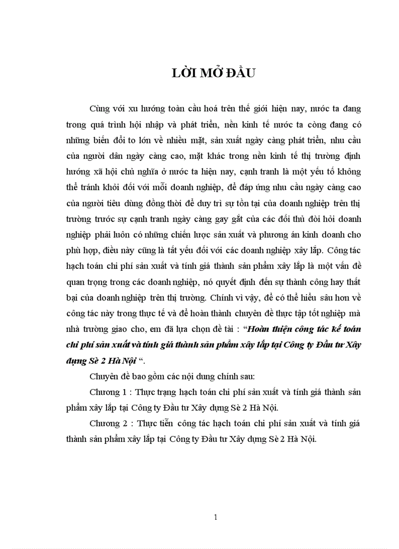 image for page Hoàn thiện công tác kế toán chi phí sản xuất và tính giá thành sản phẩm xây lắp tại Công ty Đầu tư Xây dựng Số 2 Hà Nội 1