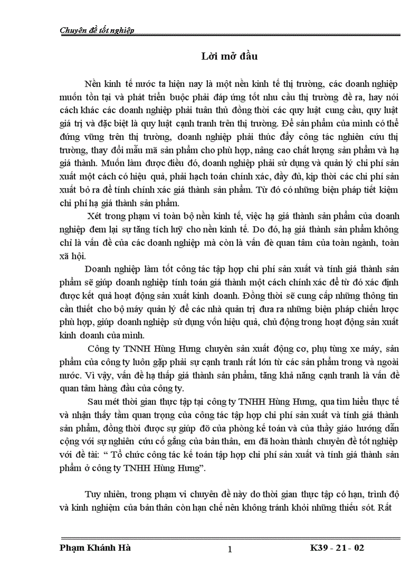 Tổ chức công tác kế toán tập hợp chi phí sản xuất và tính giá thành sản phẩm ở công ty TNHH Hùng Hưng 1