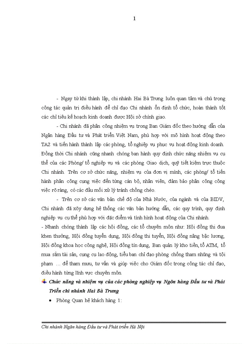 Thực trạng công tác quản lý hoạt động đầu tư tại BIDV chi nhánh Hai Bà Trưng 1