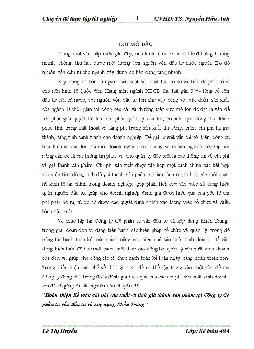 image for page Hoàn thiện Kế toán chi phí sản xuất và tính giá thành sản phẩm tại Công ty Cổ phần tư vấn đầu tư và xây dựng Miền Trung 1