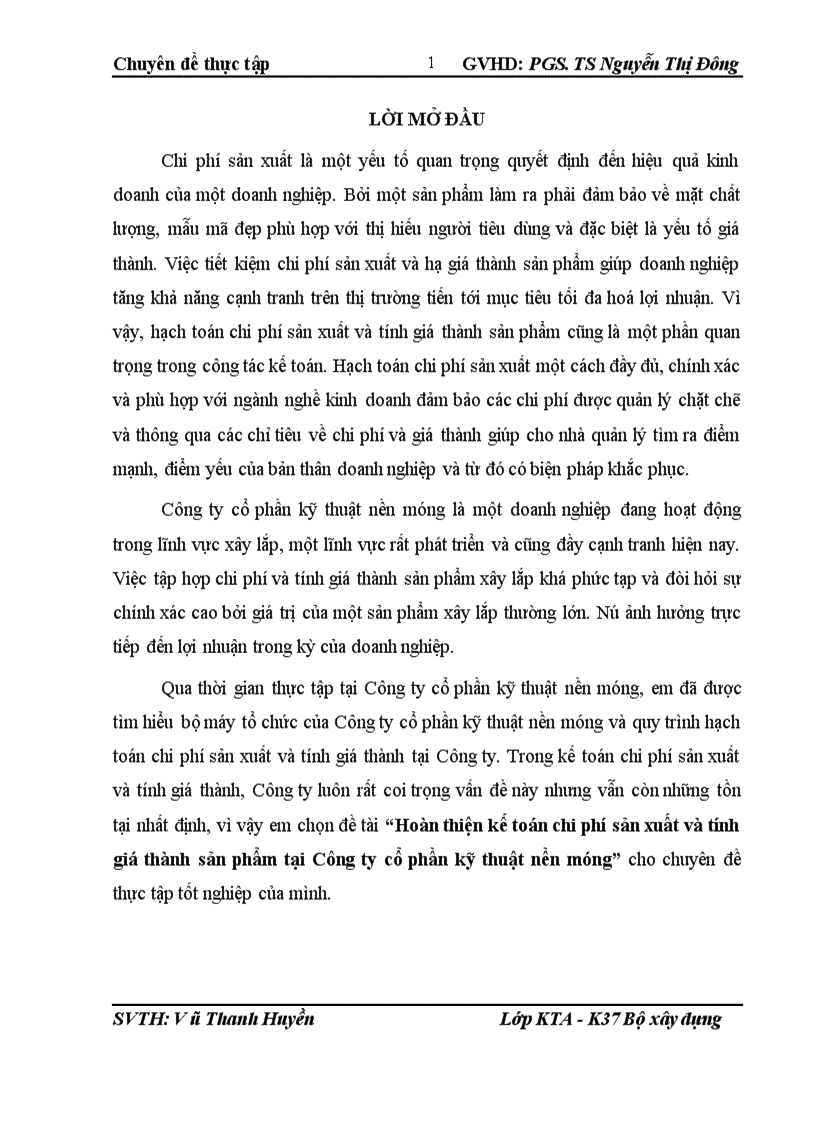 Hoàn thiện kế toán chi phí sản xuất và tính giá thành sản phẩm tại Công ty cổ phần kỹ thuật nền móng 1