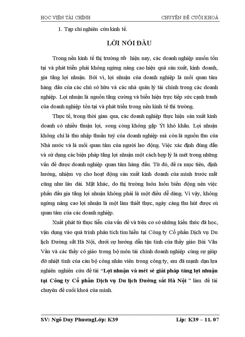 image for page Lợi nhuận và một số giải pháp tăng lợi nhuận tại Công ty Cổ phần Dịch vụ Du lịch Đường sắt Hà Nội