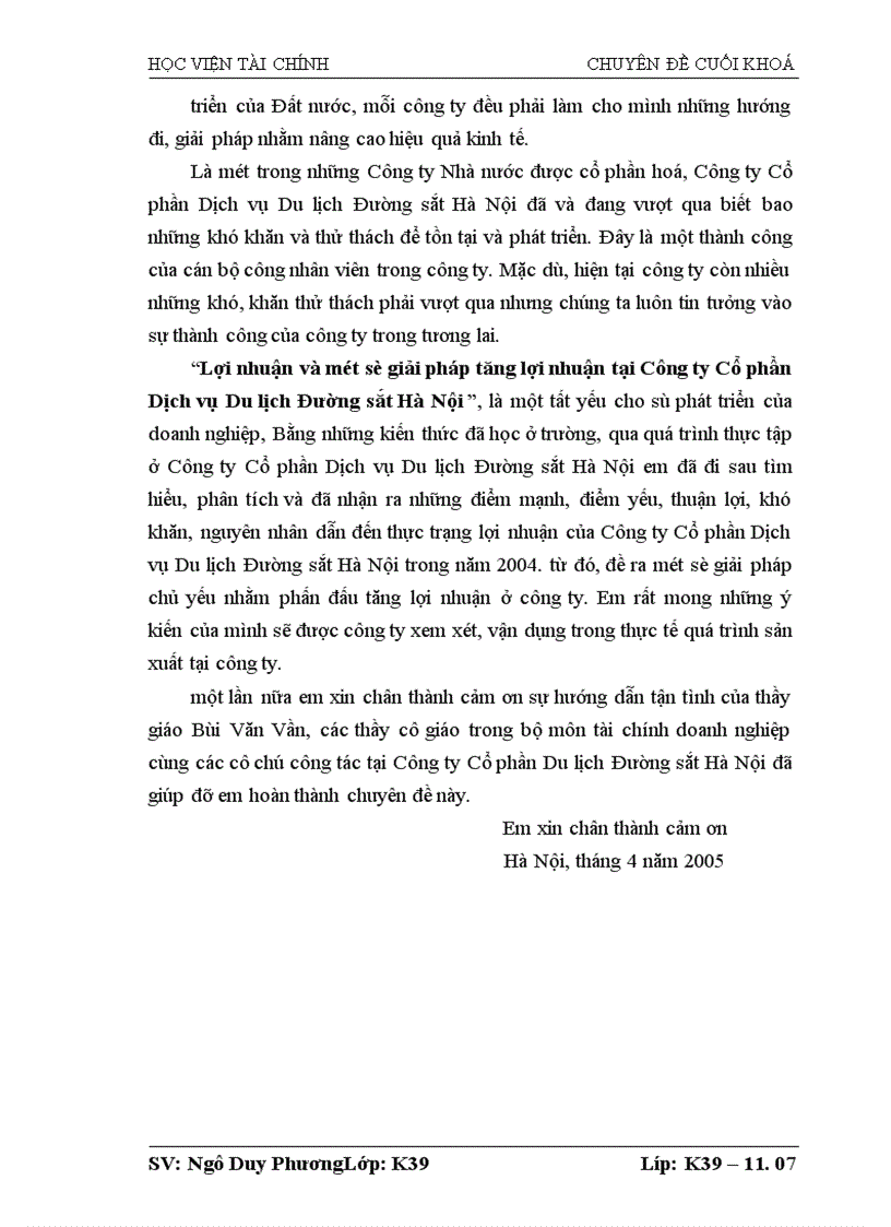 image for page Lợi nhuận và một số giải pháp tăng lợi nhuận tại Công ty Cổ phần Dịch vụ Du lịch Đường sắt Hà Nội
