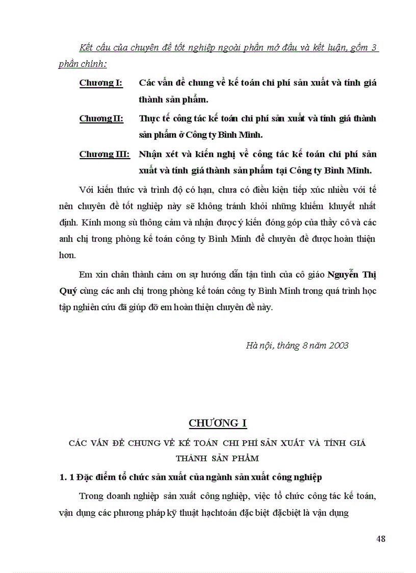 Kế toán chi phí sản xuất và tính giá thành sản phẩm tại Công ty Bình Minh 1