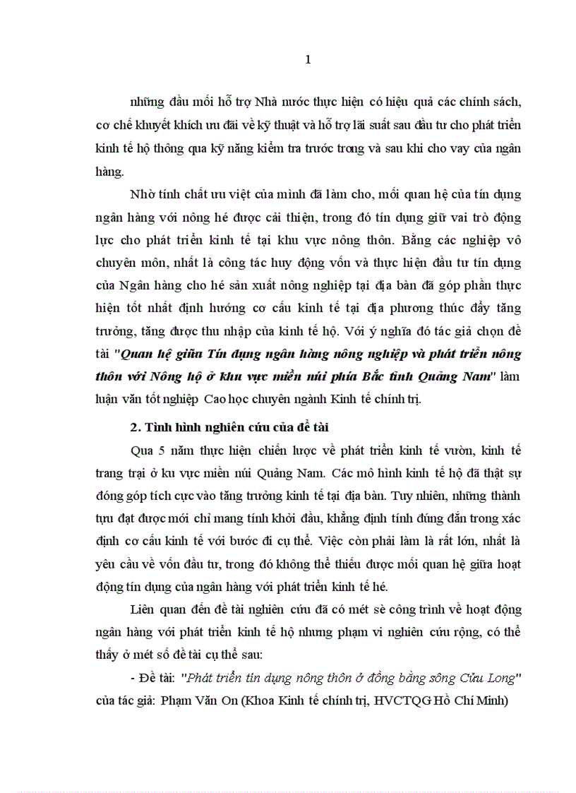 Quan hệ giữa Tín dụng ngân hàng nông nghiệp và phát triển nông thôn với Nông hộ ở khu vực miền núi phía Bắc tỉnh Quảng Nam 1