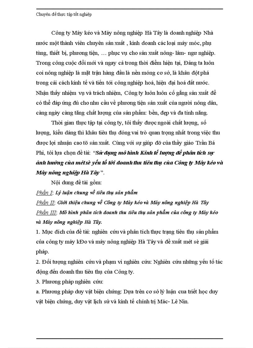 image for page Sử dụng mô hình Kinh tế lượng để phân tích sự ảnh hưởng của một số yếu tố tới doanh thu tiêu thụ của Công ty Máy kéo và Máy nông nghiệp Hà Tây