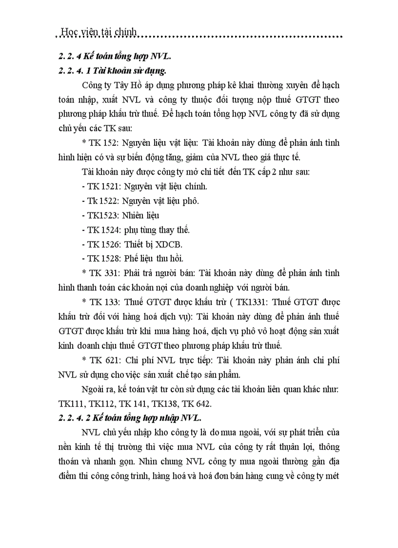 image for page Tổ chức công tác kế toán nguyên vật liệu ở công ty Tây Hồ