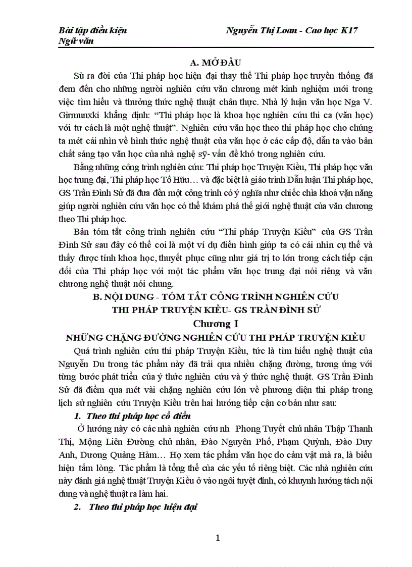tóm tắt công trình nghiên cứu Thi pháp Truyện Kiều của GS Trần Đình Sử