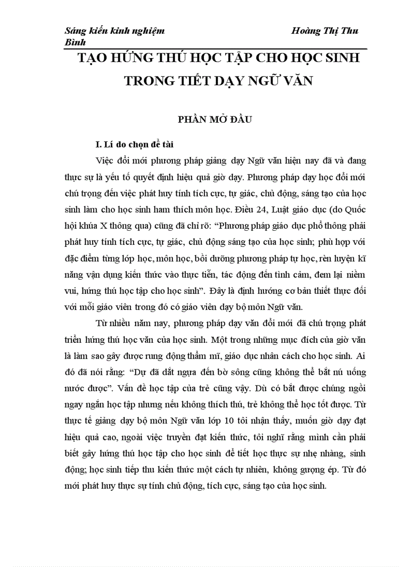 image for page Vấn đề tạo hứng thú cho học sinh trong tiết học ngữ văn đi đôi với hiệu quả và có tính giáo dục cao 1