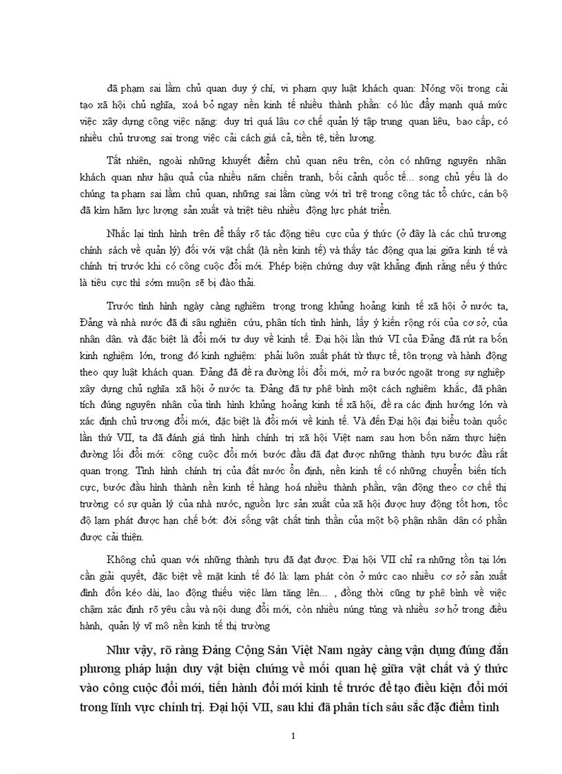 image for page Mối quan hệ biện chứng giữa vật chất ý thức và sự vận dụng của Đảng cộng sản Việt Nam trong công cuộc đổi mới kinh tế 1