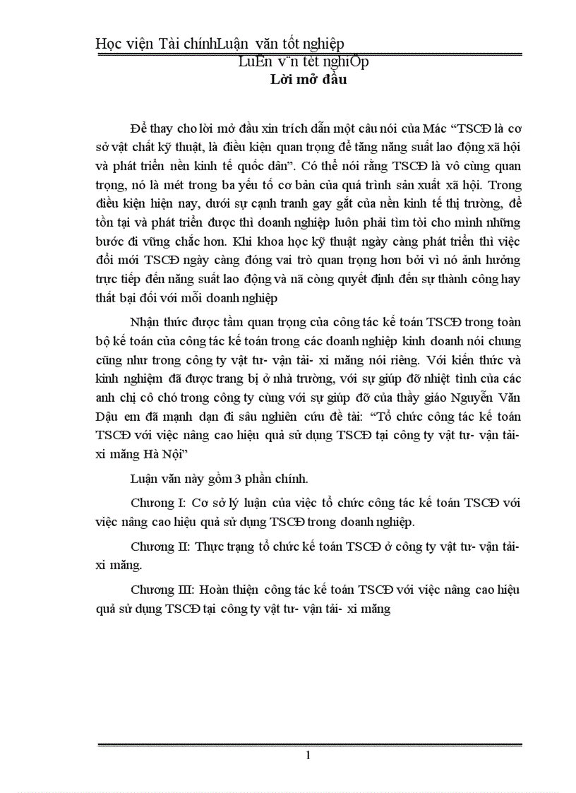 Tổ chức công tác kế toán TSCĐ với việc nâng cao hiệu quả sử dụng TSCĐ tại công ty vật tư vận tải xi măng Hà Nội 1