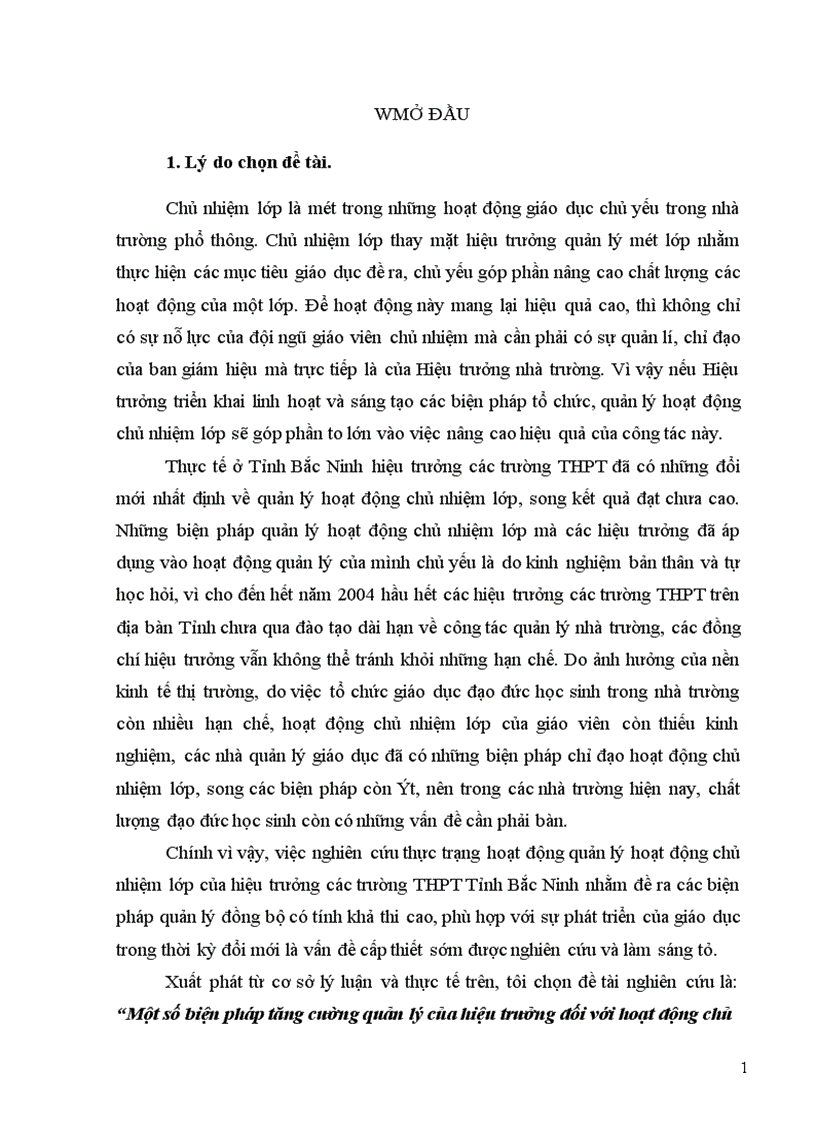 Một số biện pháp tăng cường quản lý của hiệu trưởng đối với hoạt động chủ nhiệm lớp trong các trường THPT tỉnh Bắc Ninh 1