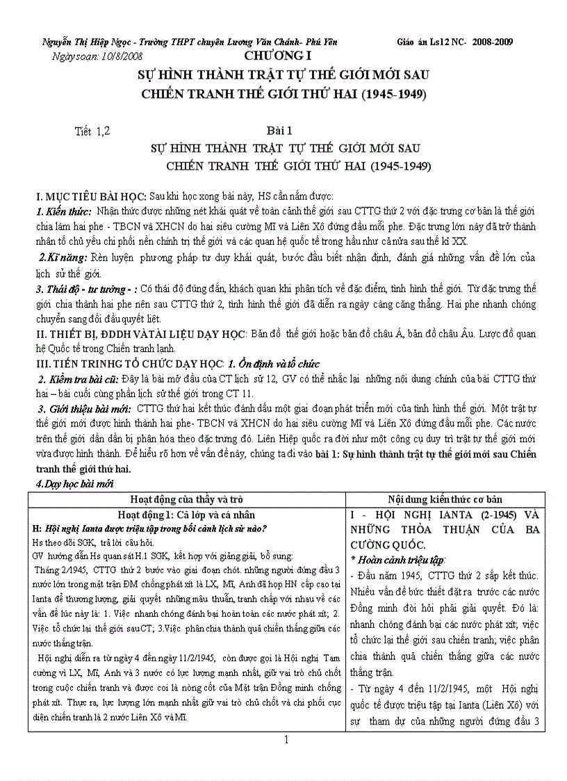 giáo án chương i sự hình thành trật tự thế giới mới sau chiến tranh thế giới thứ hai 1945 1949