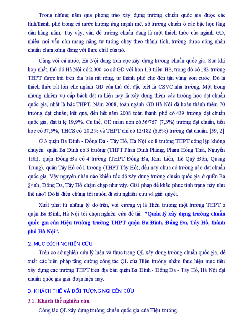 Quản lý xây dựng trường chuẩn quốc gia của Hiệu trưởng trường THPT quận Ba Đình Đống Đa Tây Hồ thành phố Hà Nội
