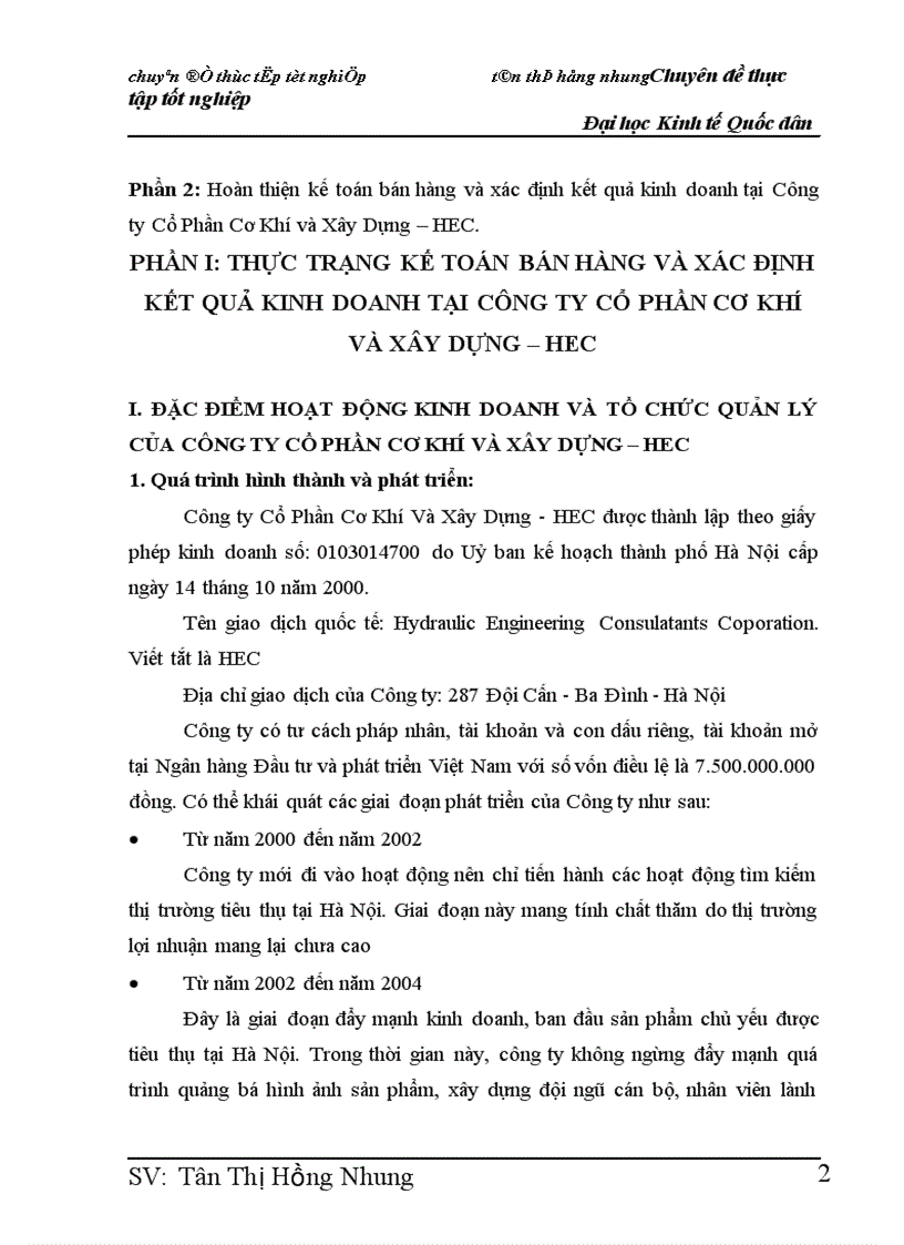 image for page Hoàn thiện kế toán bán hàng và xác định kết quả kinh doanh tại Công ty Cổ Phần Cơ Khí và Xây Dựng HEC 1