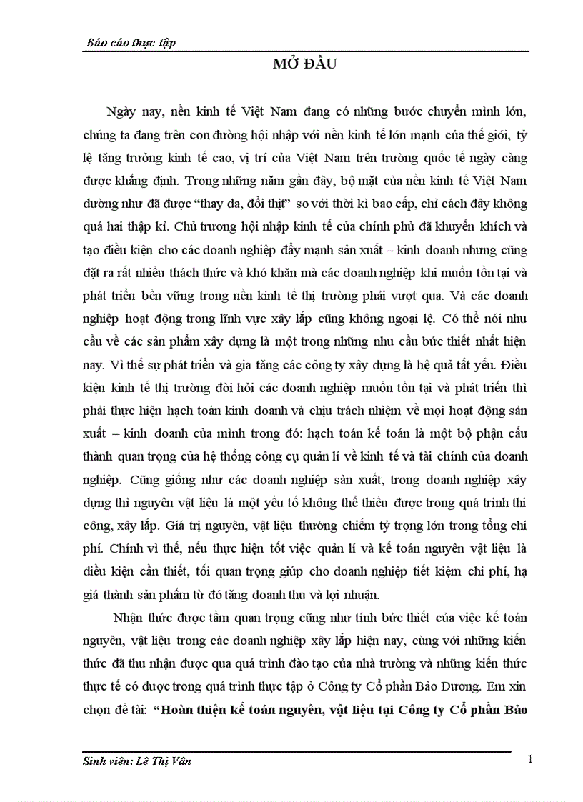 Hoàn thiện kế toán nguyên vật liệu tại Công ty Cổ phần Bảo Dương 1
