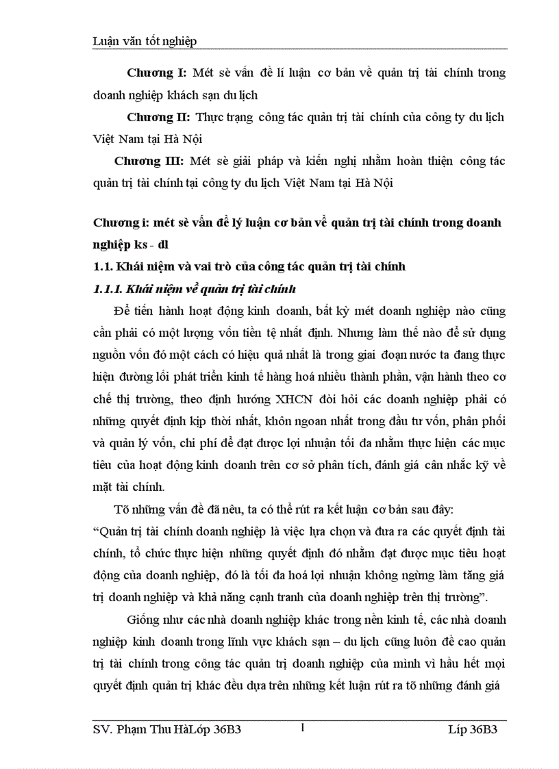 Một số giải pháp nhằm hoàn thiện công tác quản trị tài chính tại Công ty du lịch Việt Nam tại Hà Nội