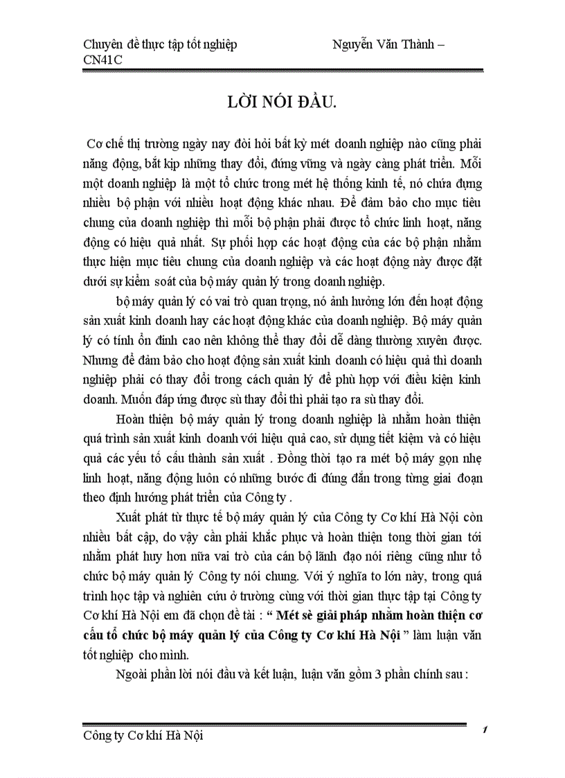 Một số giải pháp nhằm hoàn thiện cơ cấu tổ chức bộ máy quản lý của Công ty Cơ khí Hà Nội 1