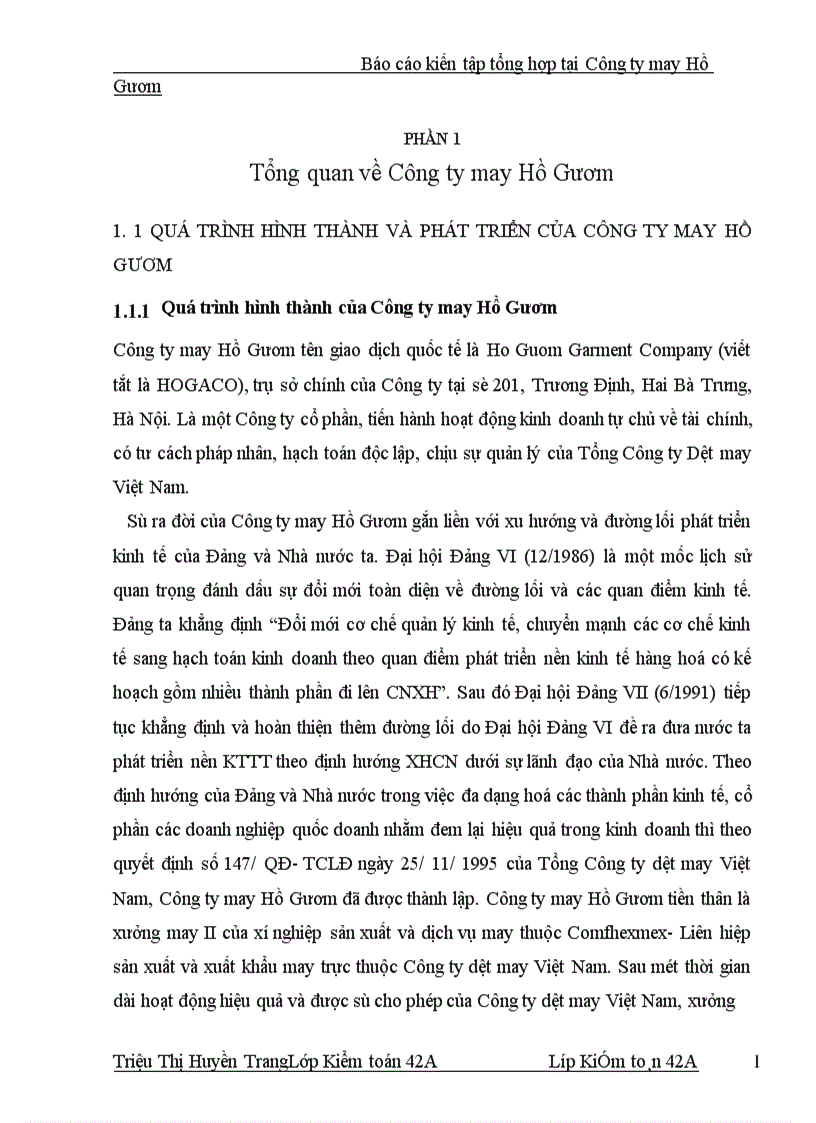 Báo cáo thực tập tổng hợp của Công ty may Hồ Gươm
