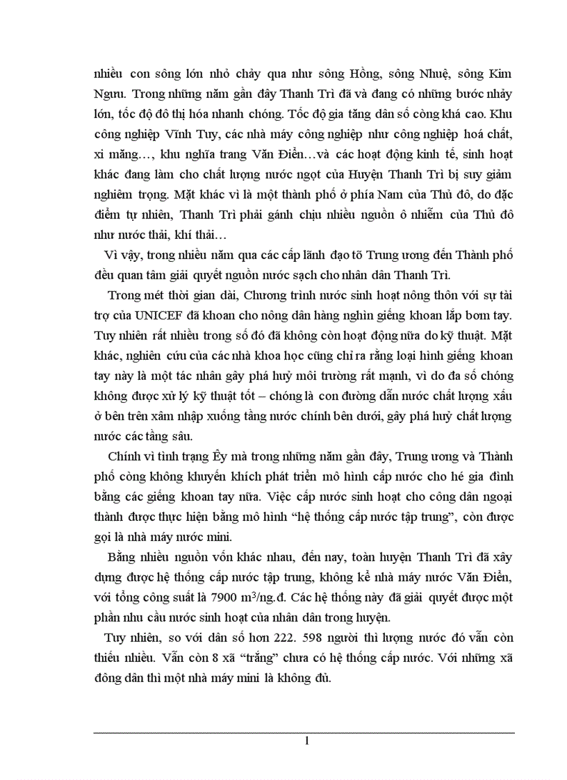 Phân tích chi phí lợi ích của Dự án cấp nước sinh hoạt cho các xã còn lại thuộc huyện Thanh Trì Hà Nội 1