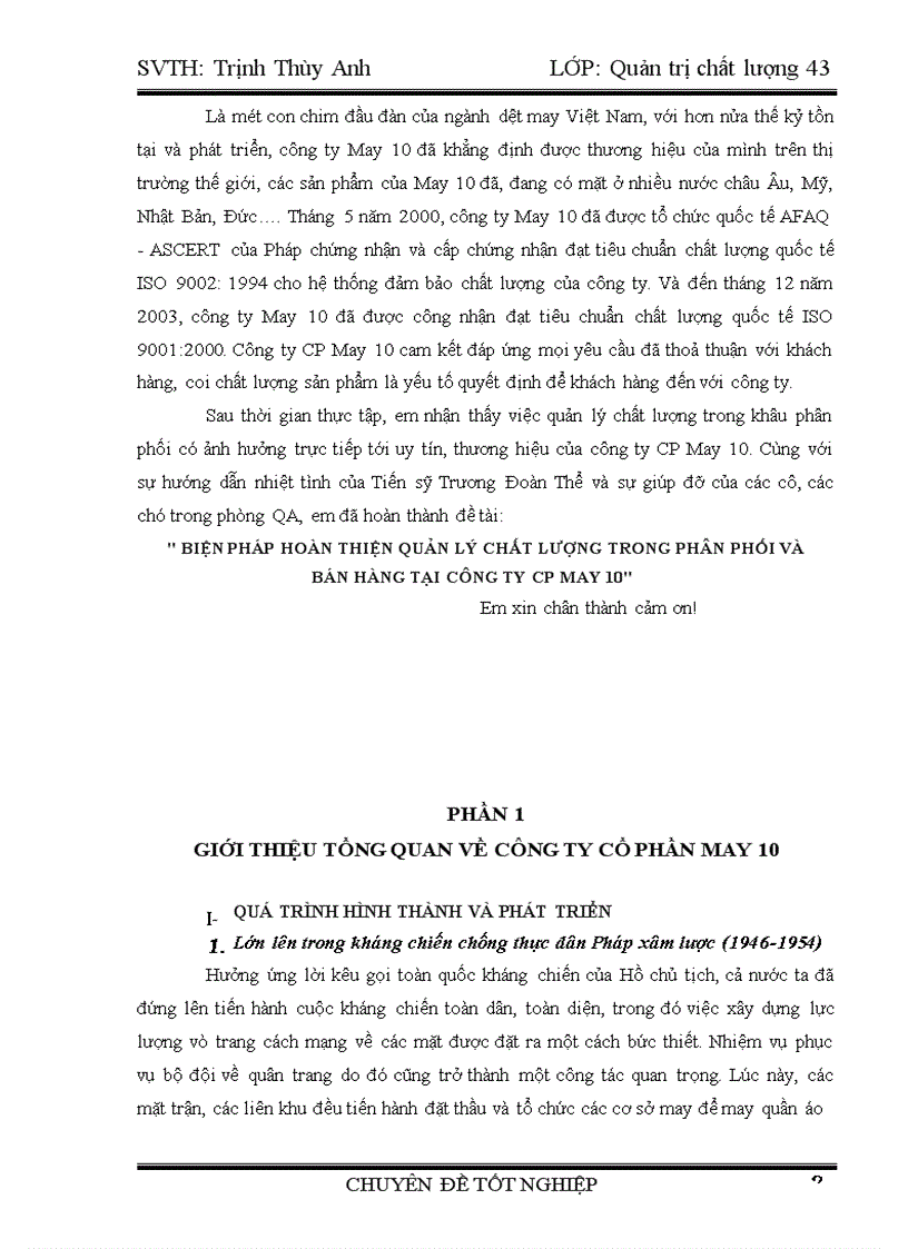 Biện pháp hoàn thiện quản lý chất lượng trong phân phối và bán hàng tại công ty cp May 10 1