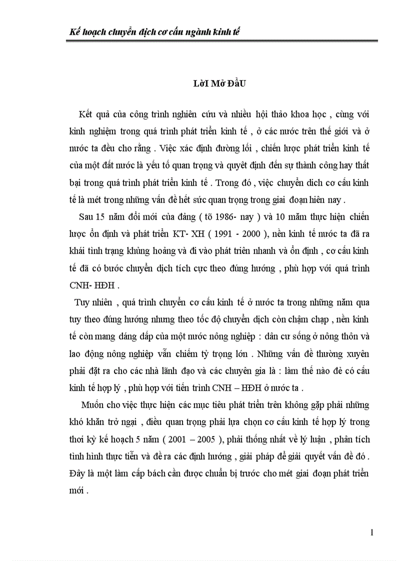 Kế hoạch chuyển dịch cơ cấu ngành kinh tế thời kỳ 2001 2005 ở Việt Nam và giải pháp thực hiện