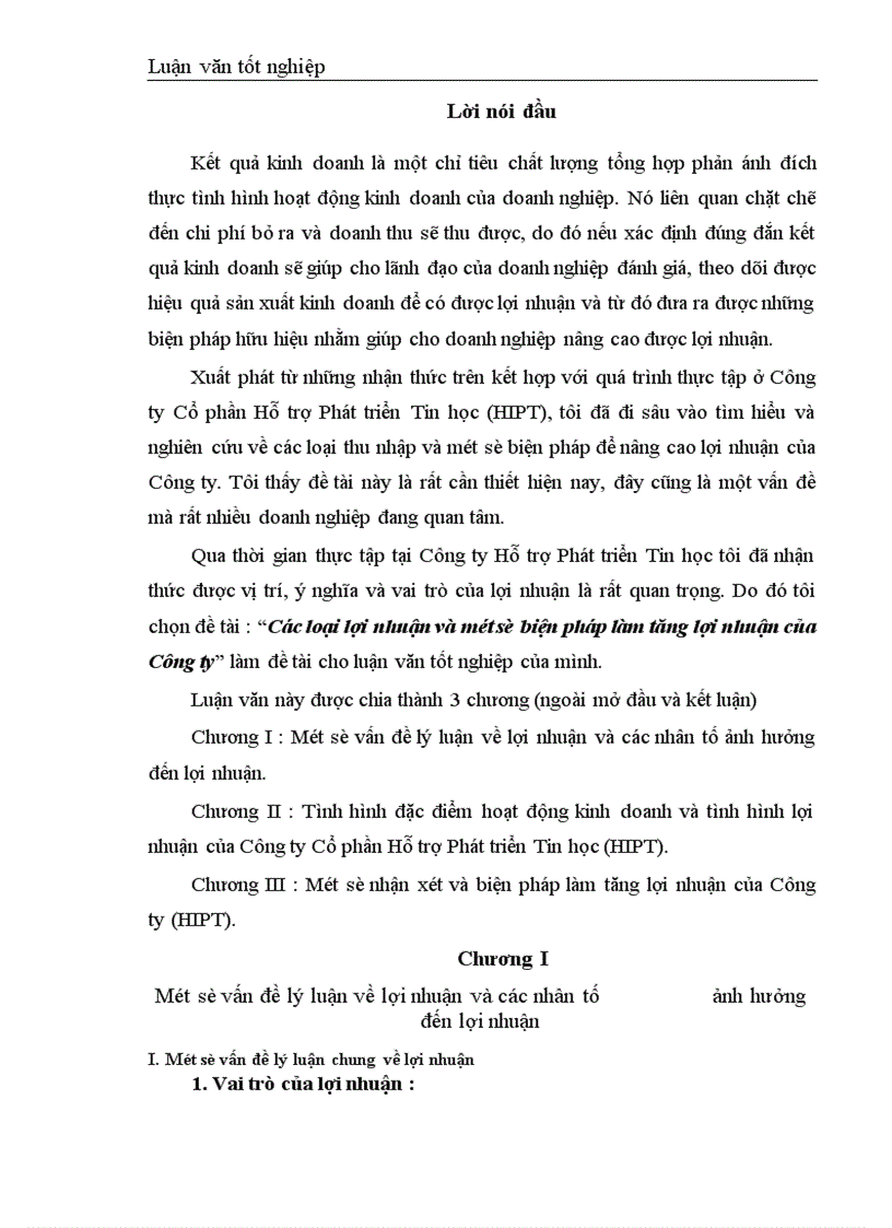 image for page Các loại lợi nhuận và một số biện pháp làm tăng lợi nhuận của Công ty Cổ phần Hỗ trợ Phát triển Tin học HIPT