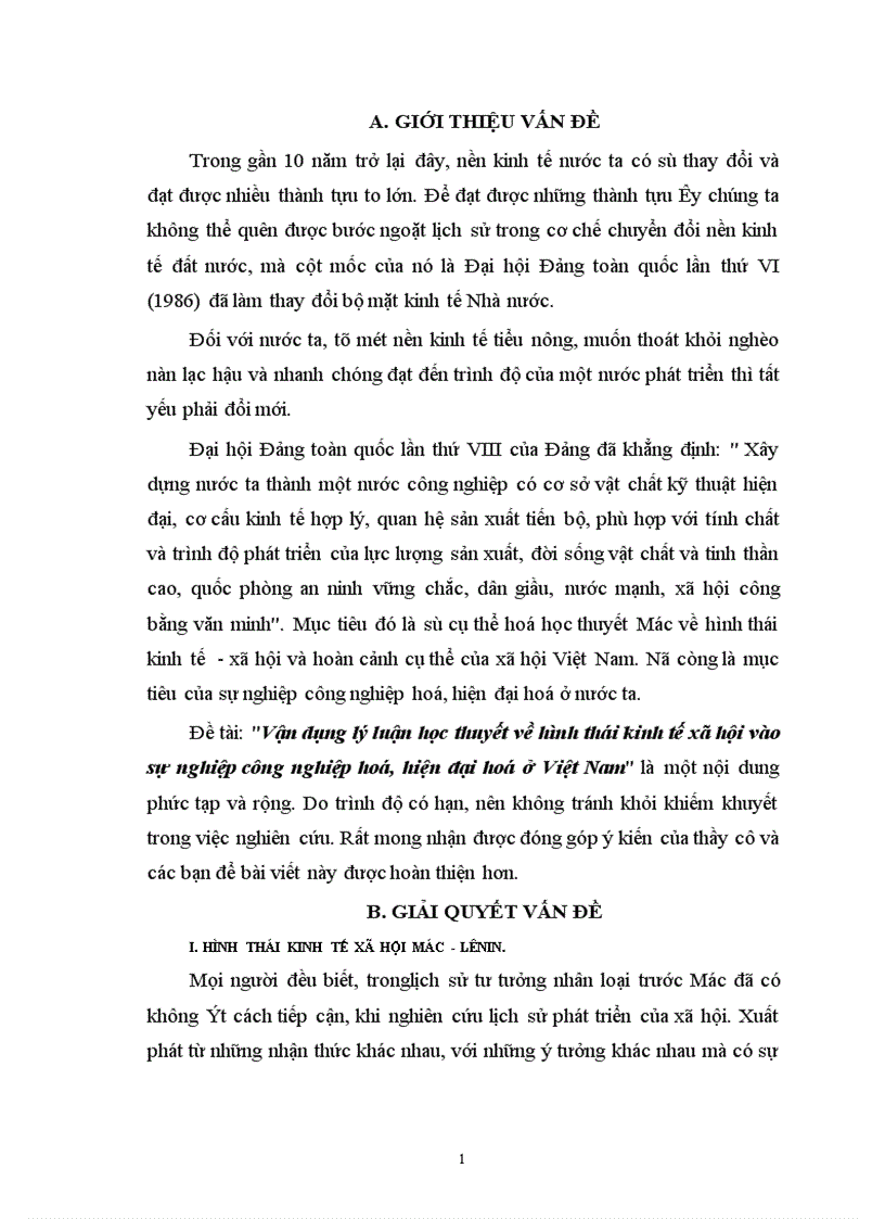 Vận dụng lý luận học thuyết về hình thái kinh tế xã hội vào sự nghiệp công nghiệp hoá hiện đại hoá ở Việt Nam 1