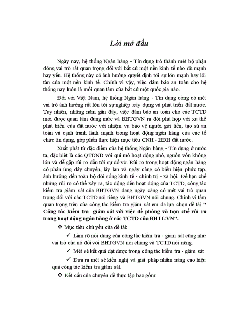 Công tác kiểm tra giám sát với việc đề phòng và hạn chế rủi ro trong hoạt động ngân hàng ở các TCTD của BHTGVN