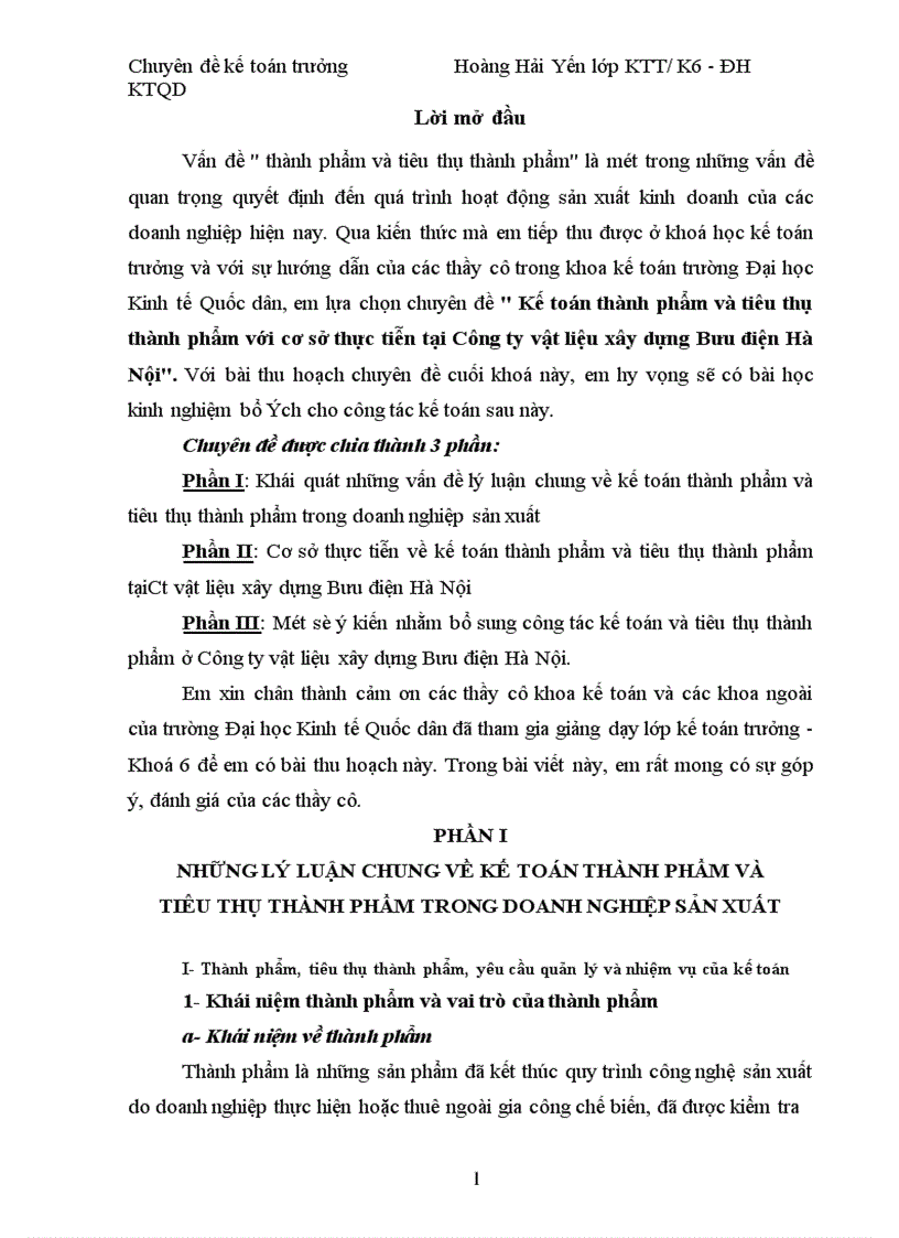 Kế toán thành phẩm và tiêu thụ thành phẩm với cơ sở thực tiễn tại Công ty vật liệu xây dựng Bưu điện Hà Nội 1