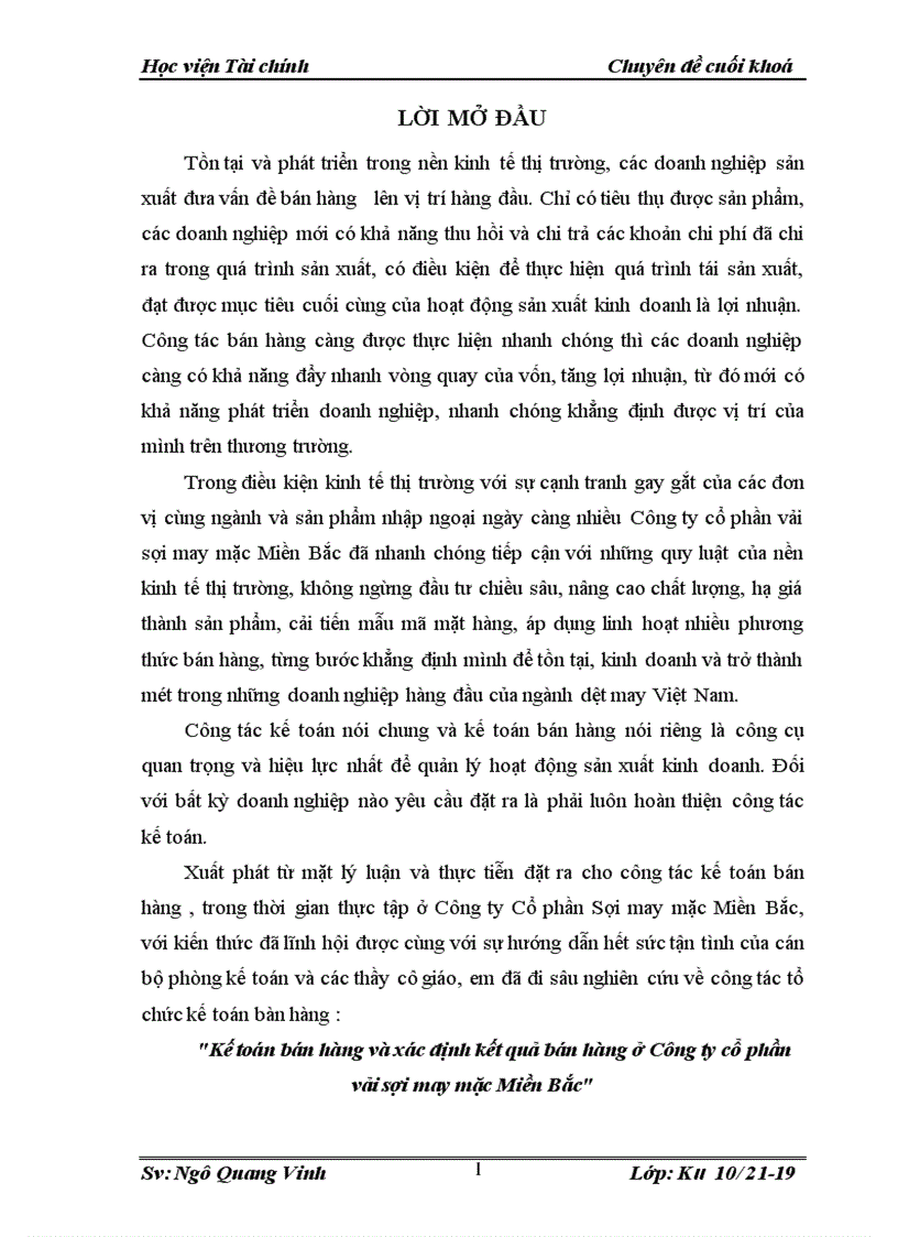 Kế toán bán hàng và xác định kết quả bán hàng ở Công ty cổ phần vải sợi may mặc Miền Bắc 1