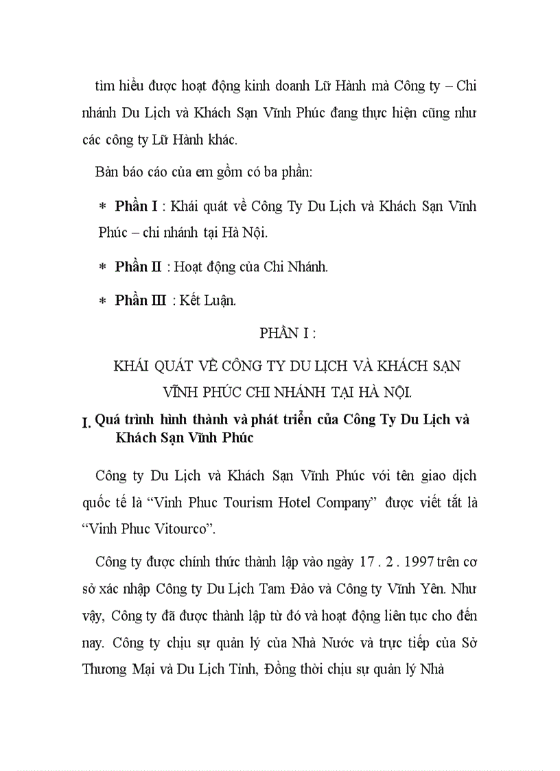 Báo cáo thực tập tổng hợp của Công ty Du Lịch và Khách Sạn Vĩnh Phúc tại Hà Nội