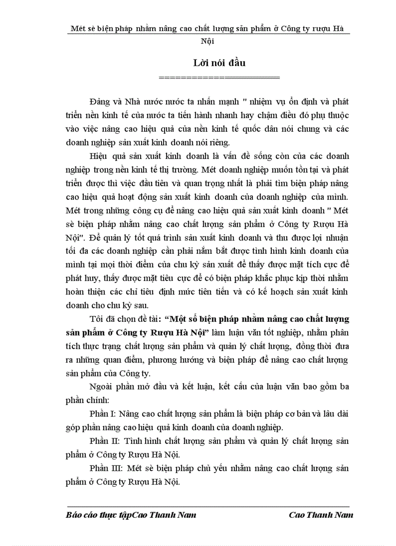 Một số biện pháp nhằm nâng cao chất lượng sản phẩm ở Công ty Rượu Hà Nội