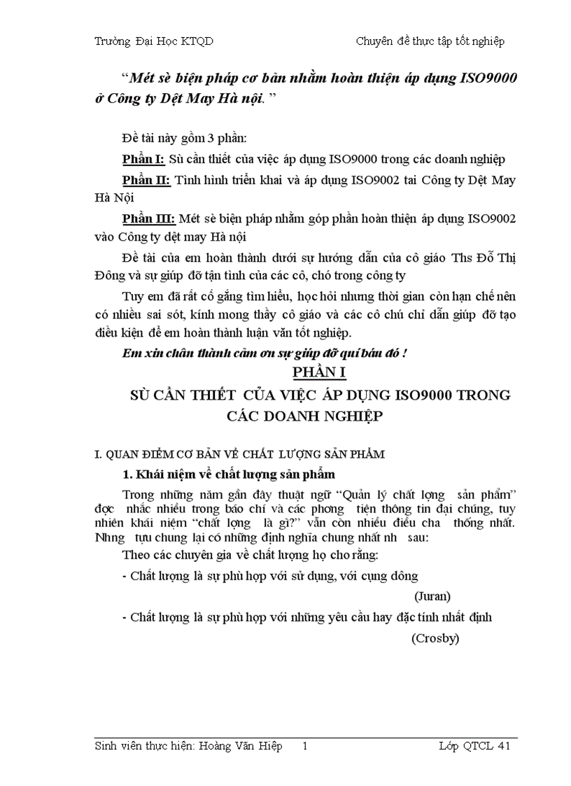 Một số biện pháp cơ bản nhằm hoàn thiện áp dụng ISO9000 ở Công ty Dệt May Hà nội 1