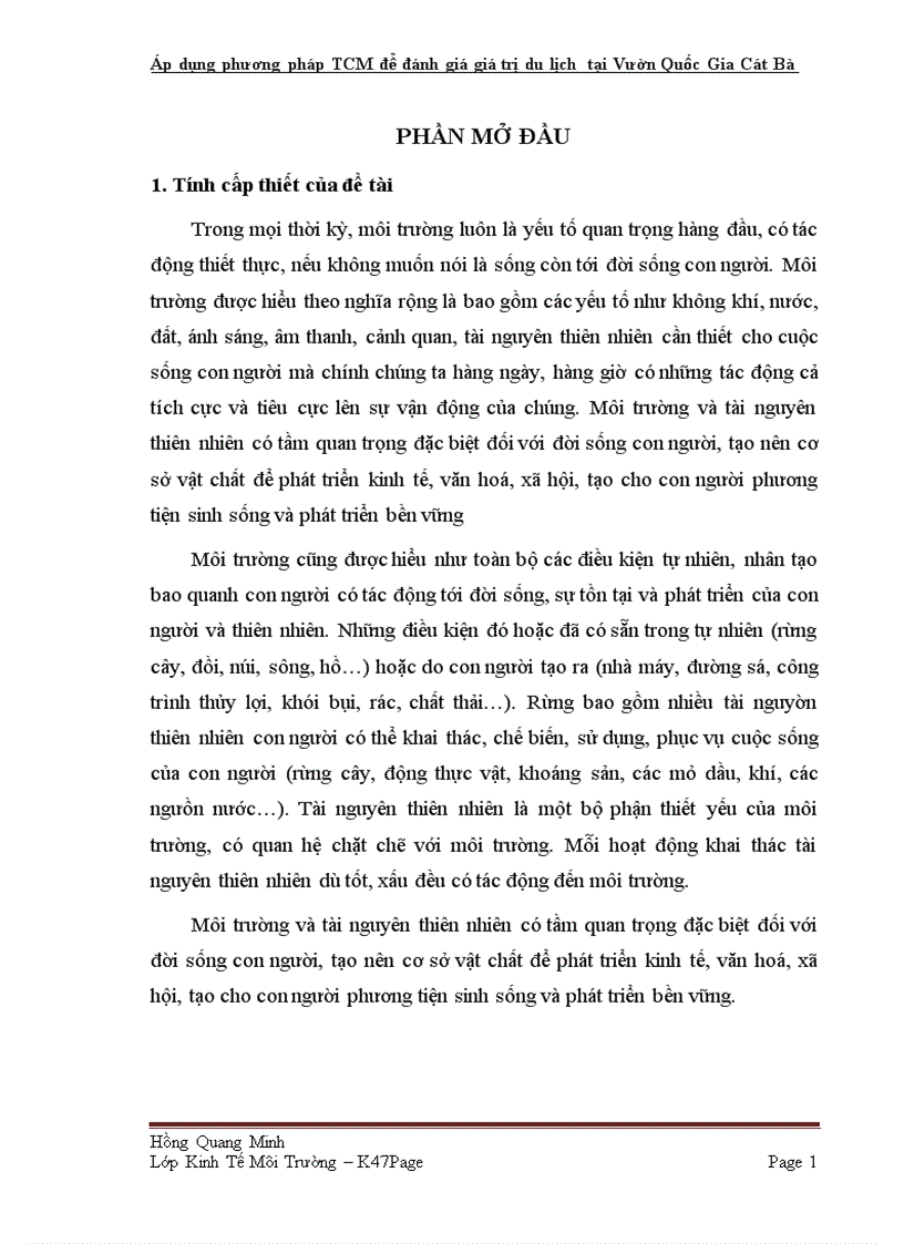 Áp dụng phương pháp TCM để đánh giá giá trị du lịch tại Vườn Quốc Gia Cát Bà tp Hải Phòng 1