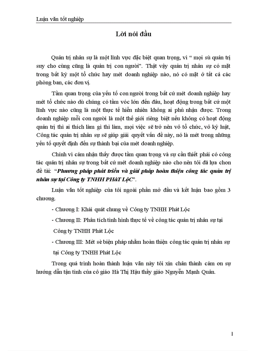 Phương pháp phát triển và giải pháp hoàn thiện công tác quản trị nhân sự tại Công ty TNHH PHáT LộC 1