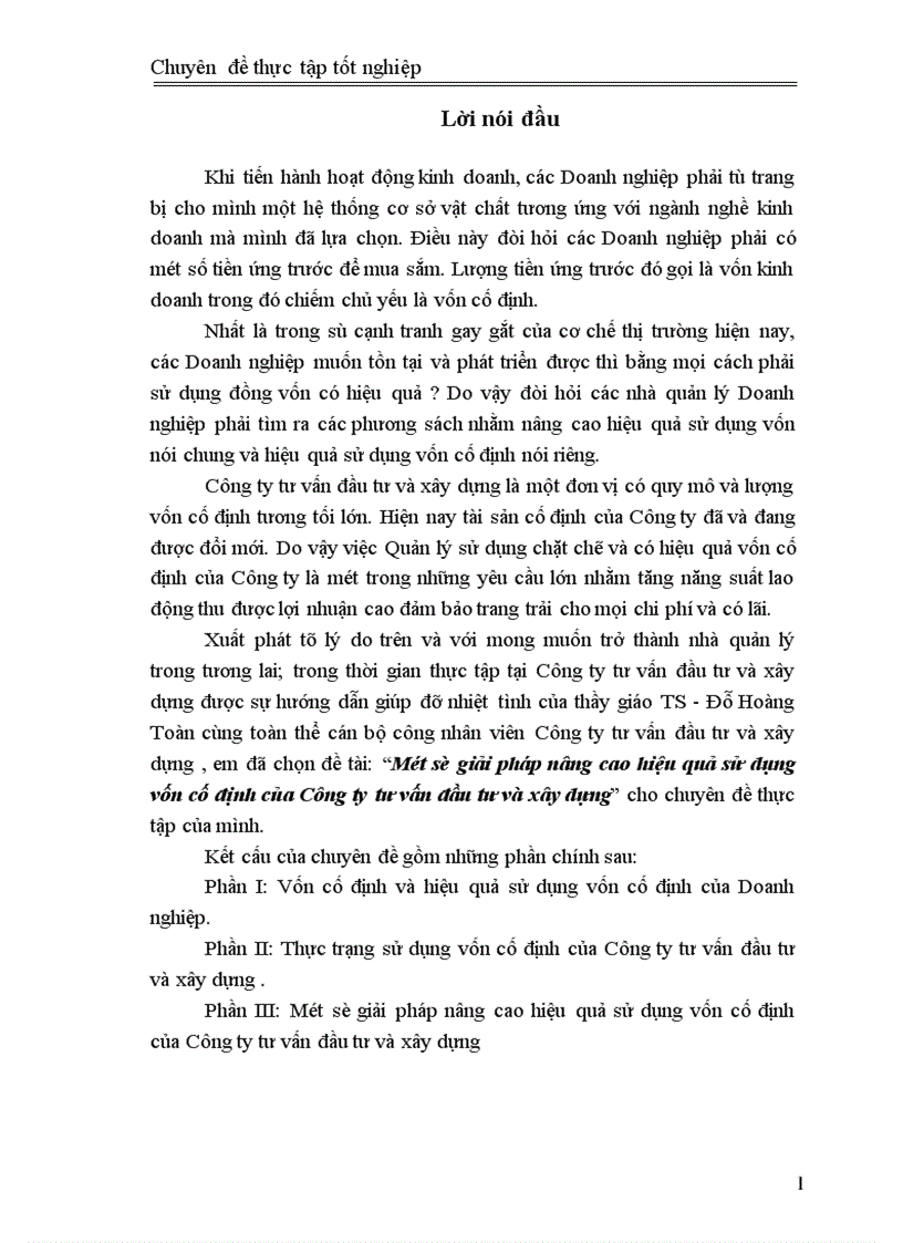 Một số giải pháp nâng cao hiệu quả sử dụng vốn cố định của Công ty tư vấn đầu tư và xây dựng 1