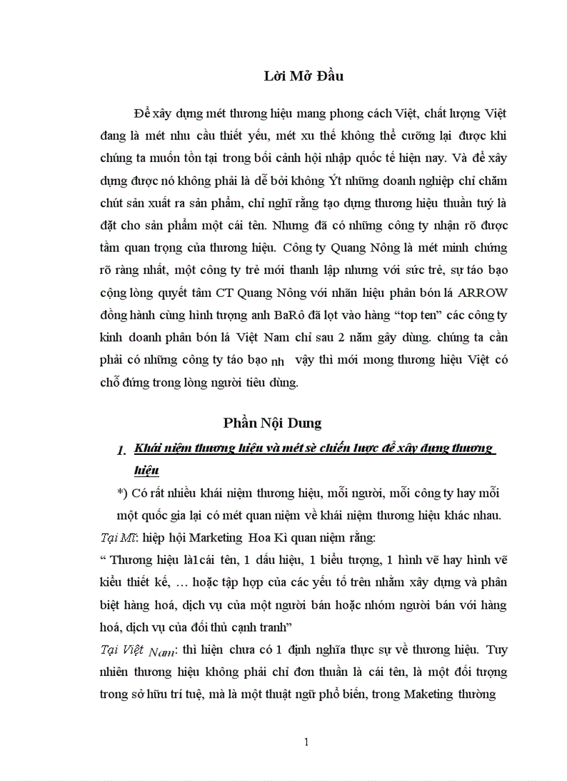 Vai trò của thương hiệu trong hoạt động kinh doanh của Công ty Quang Nông 1