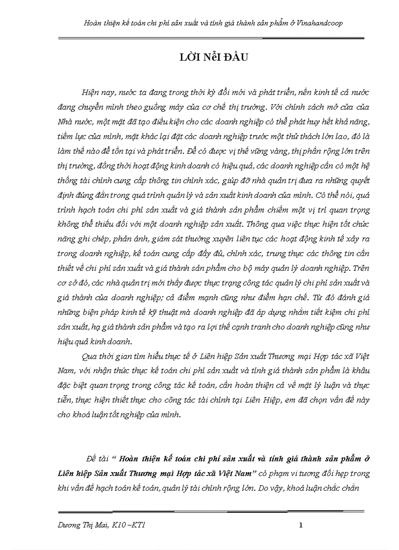 Hoàn thiện kế toán chi phí sản xuất và tính giá thành sản phẩm ở Liên hiệp Sản xuất Thương mại Hợp tác xã Việt Nam 1
