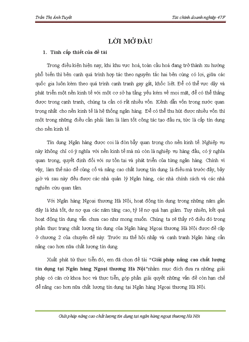 Giải pháp nâng cao chất lượng tín dụng tại Ngân hàng Ngoại thương Hà Nội 1