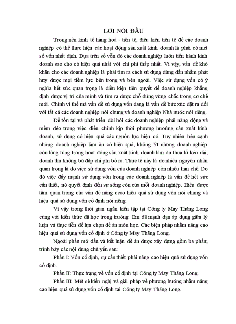 Một số kiến nghị và giải pháp về phương hướng nhằm nâng cao hiệu quả sử dụng vốn cố định tại Công ty May Thăng Long