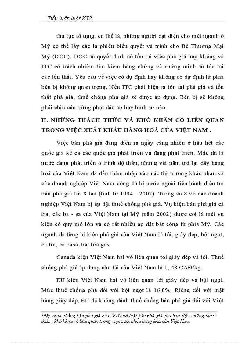 Hiệp định chống bán phá giá của WTO và Luật chống bán phá giá của Hoa kỳ Những thách thức khó khăn có liên quan trong việc xuất khẩu hàng hoá của Việt Nam