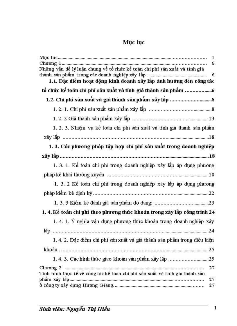 Tổ chức kế toán chi phí sản xuất và giá thành sản phẩm tại công ty xây dựng HƯƠNG GIANG 1